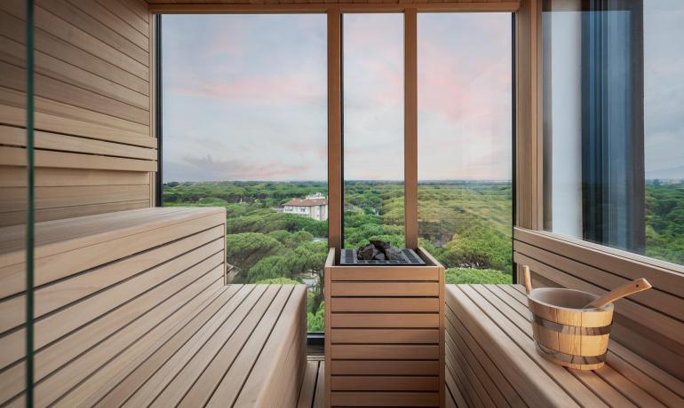 Sauna con vista panoramica su foresta verde e cielo rosa al tramonto.