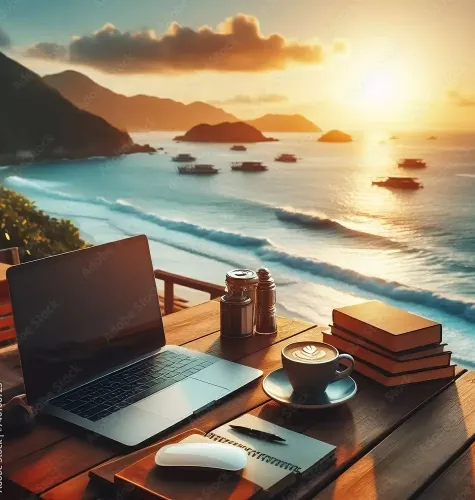 Scrivania con laptop, caffè e libri, vista mare al tramonto.