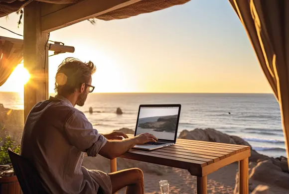 Persona al computer in riva al mare al tramonto, ambiente rilassante.