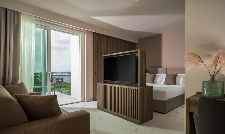 Camera moderna con balcone, divano, letto e TV, decorata con toni neutri e piante.