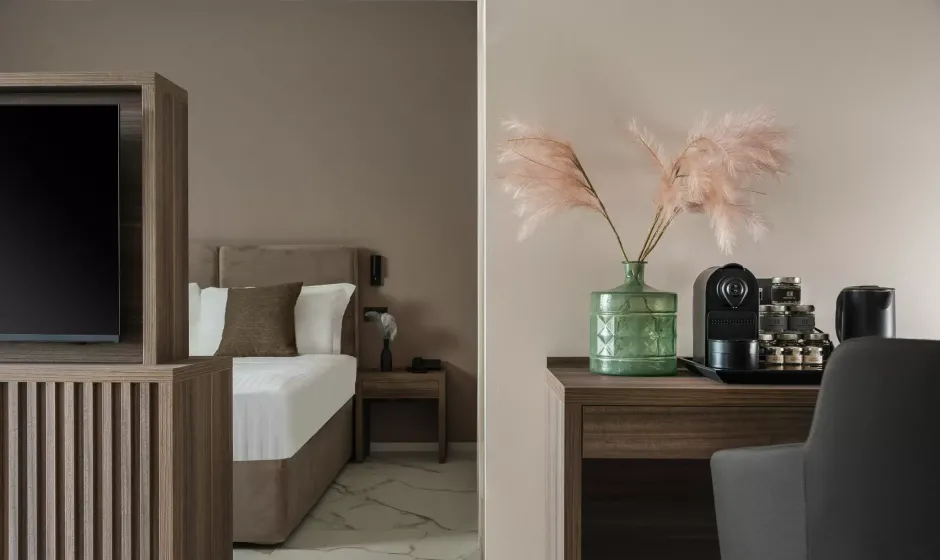 Camera moderna con letto, TV, macchina da caffè e decorazioni eleganti.