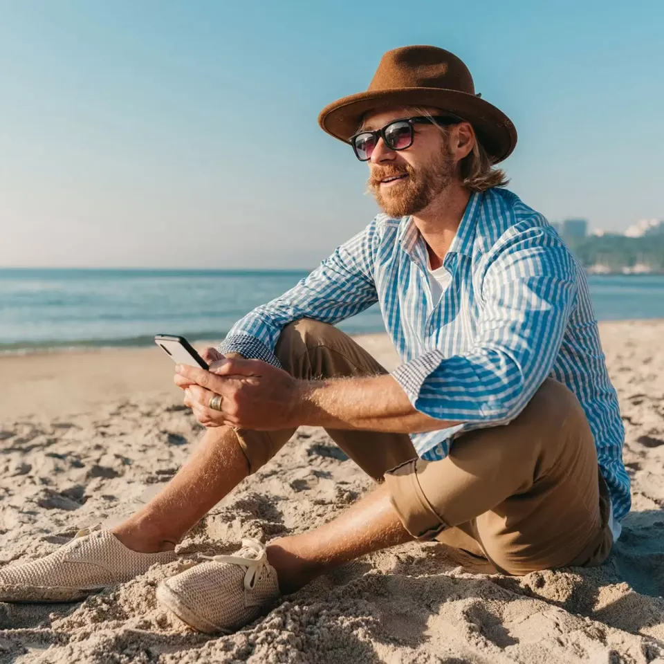 Uomo seduto sulla spiaggia, indossa cappello e occhiali, guarda il telefono.